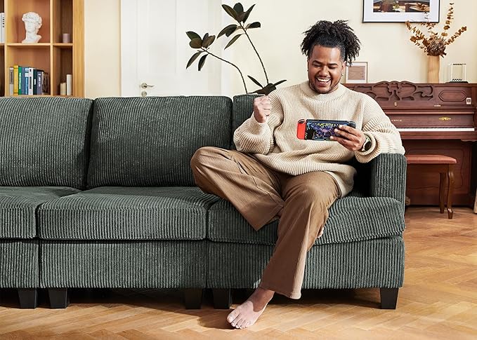 Nolany Corduroy Sectional Couch with Storage Ottoman, Sleeper Sectional Sofa with Chaise, Modular Sectional Couches for Living Room, Green