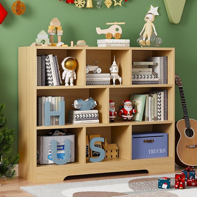 Book Shelf Set of 2, 8 Cubes Storage Organizer, 3-Tier Open Shelf Wooden Bookcase, Freestanding Wooden Bookshelf Cube Shelf for Bedroom, Living Room, Home Office