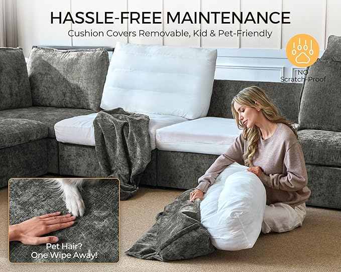 Oversized Modular Sofa Comfy Cloud Couch with Storage, Extra Deep Plush Sectional Sofa Set for Living Room, Covers Washable, Chenille, Olar (Grey, 6-Seater with 3 Ottomans, Sleeper)