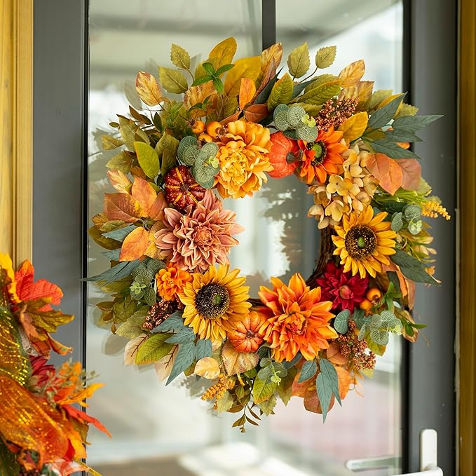 Fall Wreaths for Front Door 24 Inch Autumn Wreath with Sunflowers, Pumpkins Dahlia & Maple Leaves Outdoor Fall Wreath for Thanksgiving, Harvest, Halloween Home Décor