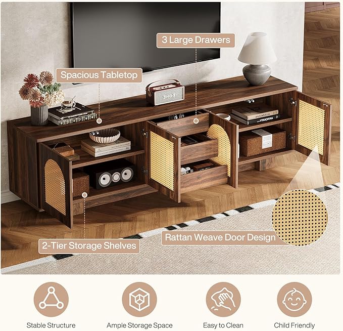 Tribesigns 70.9" TV Stand for TVs up to 80 Inches, Mid-Century Modern Entertainment Center with Storage and Drawers, Rattan Media Console TV Cabinet for Living Room, Bedroom, Walnut