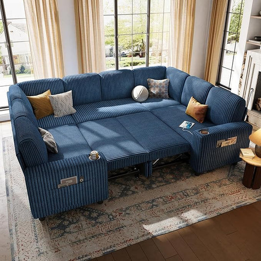 LINSY HOME Sectional Sleeper Sofa with Pull Out Couch Bed - Convertible Plush Corduroy Cloud Couch with Storage Chaise & USB Charging, Comfy Modular Couches for Living Room, Blue