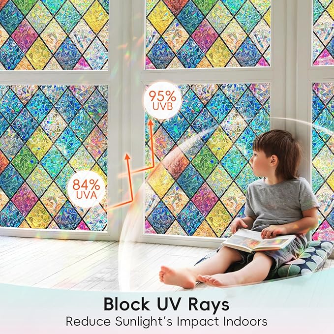 DUOFIRE Stained Glass Window Film Decorative Window Privacy Film Rainbow Diamond Grid Colorful Lattice Windows Cling Anti UV Static Cling Reusable Windows Decal for Home 23.6×78.7 inch