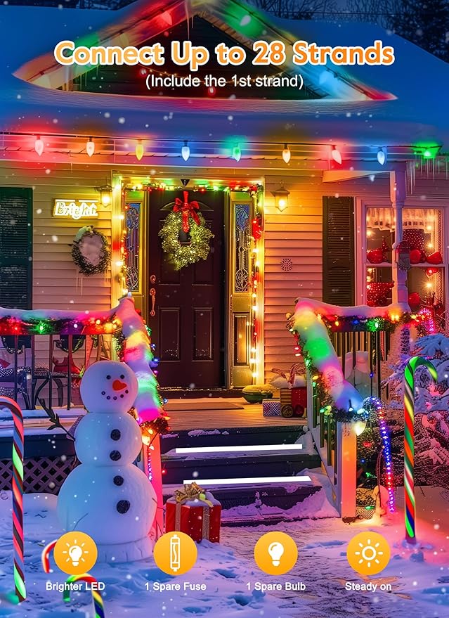 Vintage C9 LED Christmas Lights Outdoor - 25 Feet String with 25 Colored Shatterproof Bulbs, Connectable Waterproof Lights for Holiday Party Roofline, Backyard, Garden, Patio, Green Wire