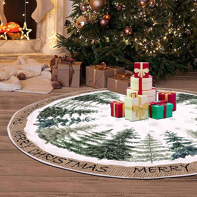 Baccessor Christmas Tree Skirt 36 Inch Pine Trees Snowy Forest Christmas Tree Skirt Collar for Farmhouse Vintage Rustic Merry Christmas Xmas Winter Holiday Party Decoration