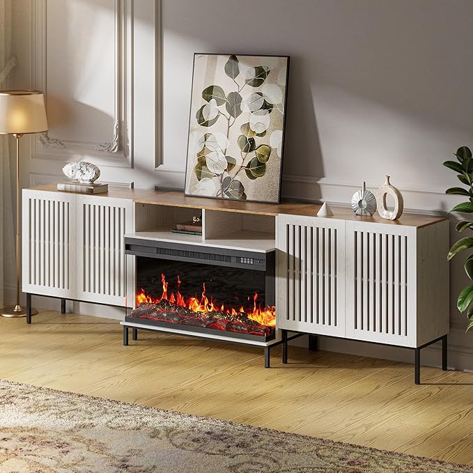3-Sided Glass Farmhouse Fireplace TV Stand for TVs Up to 100 Inch, Entertainment Center with 36" Electric Fireplace, TV Console with Storage Cabinets for Living Room, Antique White