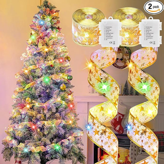2 Pack Christmas Tree String Lights - 33ft 100 LED Battery Powered Fairy Lights with Timer and 8 Lighting Modes, Gold Ribbon Bows Lights for 6ft - 8ft Christmas Tree Decor, Multi-color