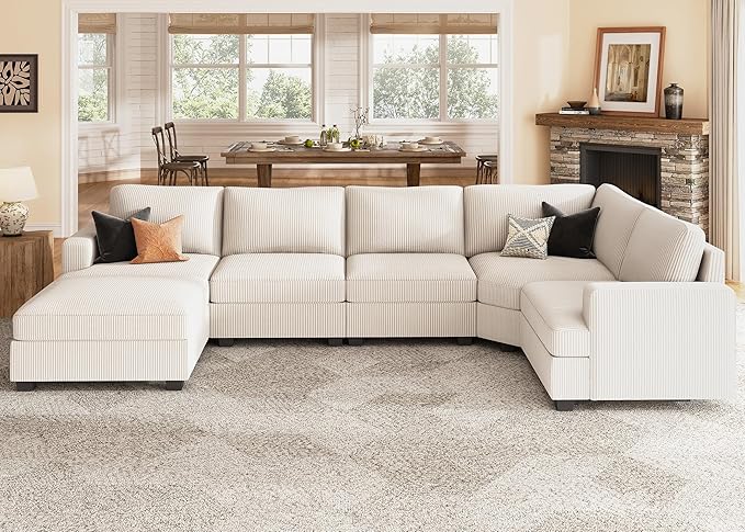 Nolany Sectional Sofa with Storage Ottoman, U Shape Sectional Couch Corduroy Modular Sectional Couches for Living Room, Beige