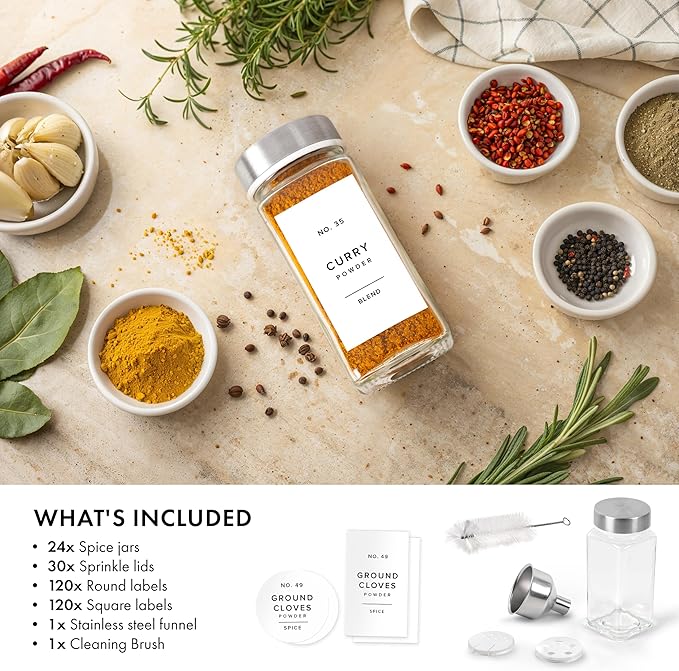 Glass Spice Jars with Label and Stainless Steel Lids (24 x 4oz) Spice Containers with 240 Labels, Shaker Inserts, Steel Funnel, Empty Square Empty Square Seasoning Organizer (White)