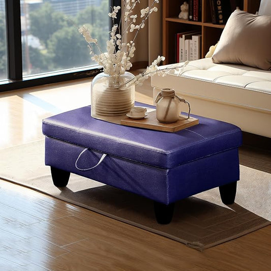 Ottoman Rectangular Storage Ottoman Bench, Faux Leather Footrest, Coffee Table, Stool Footstool with Hinged Lid for Living Room, Bedroom, Entryway, Blue, 28.5"x19"x17.5"