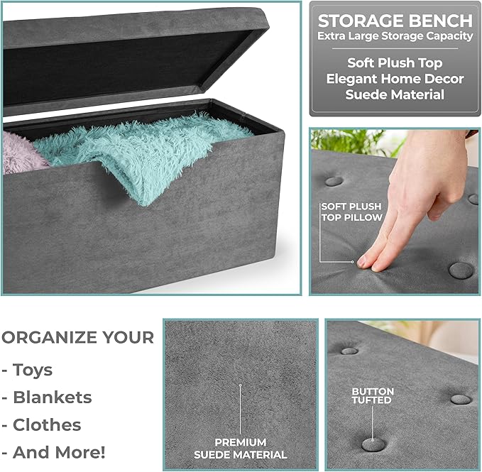 Sorbus Storage Ottoman Bench – Collapsible/Folding Bench Chest with Cover – Perfect Toy and Shoe Chest, Hope Chest, Pouffe Ottoman, Seat, Foot Rest, – Contemporary Faux Suede (Gray)