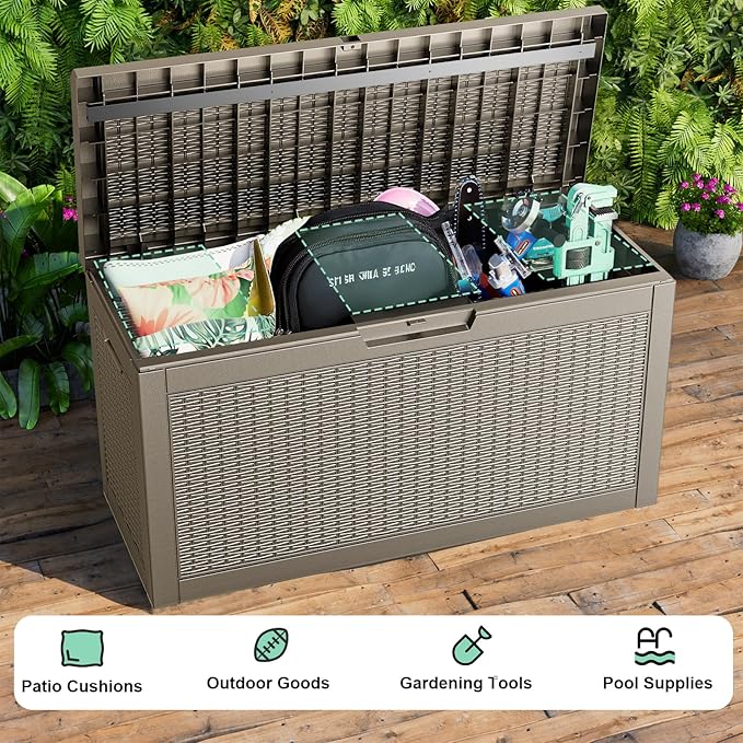60 Gallon Deck Box Large Outdoor Storage for Patio Furniture,Outdoor Cushions,Garden Tools and Pool Supplies,Waterproof,Resin,Lockable(Grey)