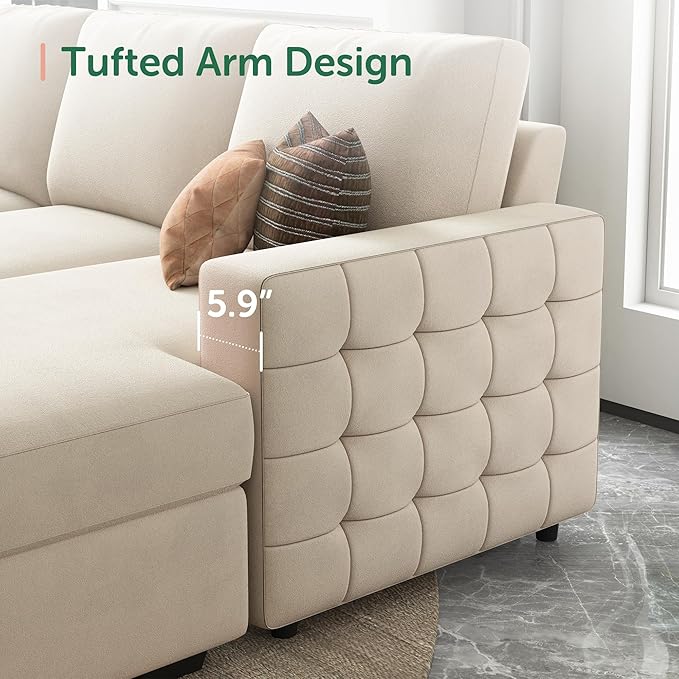 HONBAY Sectional Couch with Pull Out Bed, Sectional Sleeper Sofa with Storage, U Shape Couches for Living Room, Velvet Beige