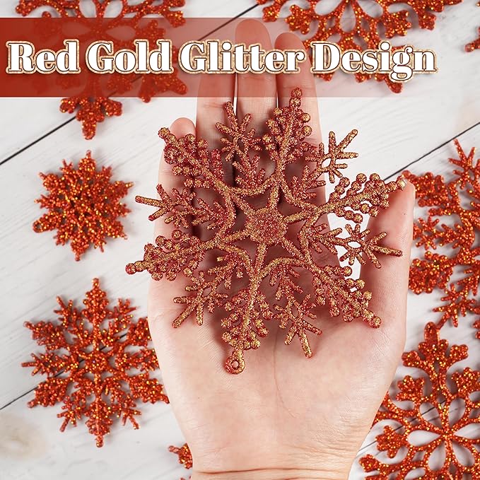36pcs Snowflakes-Christmas Tree Decorations, Snowflake Ornaments for Tree, Plastic Glitter Red Gold Snow Flakes Ornaments, Christmas Indoor Winter Wonderland Frozen Birthday Party Holiday Home Decor