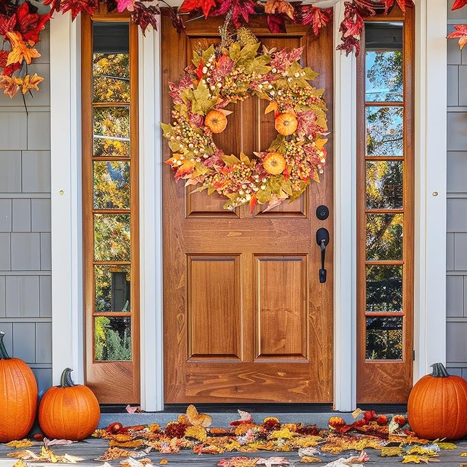 GENMOUS 24 Inch Fall Wreaths for Front Door, Autumn Maple Leaves Wreath for Home Porch Decor, Farmhouse Pumpkin Wreaths for Thanksgiving Halloween Harvest Festival Fall Decoration Outdoor Indoor Home