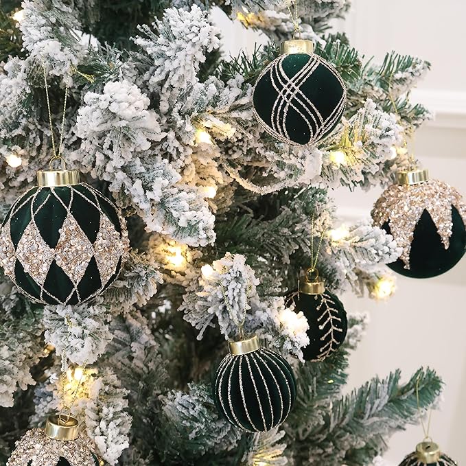 3.15INCH Green Velvet Ornaments for Christmas Tree, 12PCS Glitter Flocked Christmas Ornaments Decorations Balls Set Decor