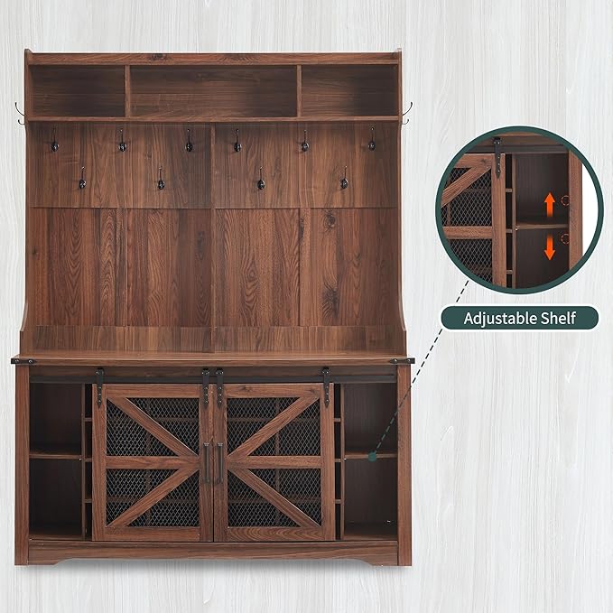 JXQTLINGMU 59" Farmhouse Hall Tree with Shoe Storage, Entryway Bench with 20 Cubbies, 12 Hooks & Sliding Barn Doors, Mudroom Coat Rack Cabinet, Brown