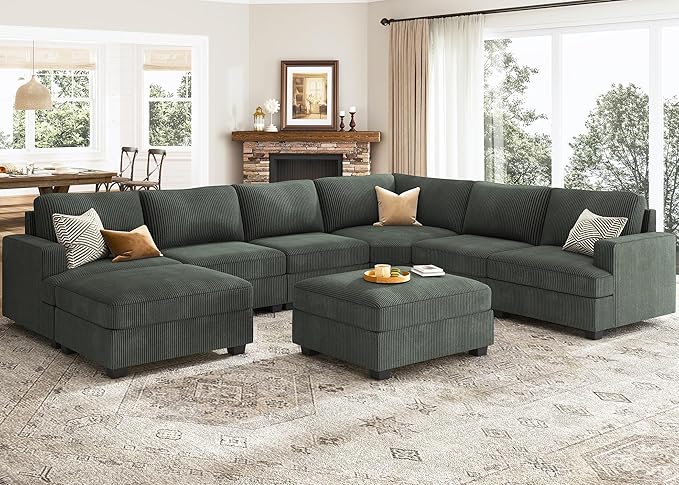 Nolany Sectional Sofa with Storage Ottoman, Corduroy Modular Sectional Couch, U Shape Sectional Couches for Living Room, Green