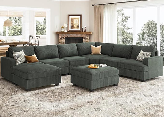 Nolany Sectional Sofa with Storage Ottoman, Corduroy Modular Sectional Couch, U Shape Sectional Couches for Living Room, Green