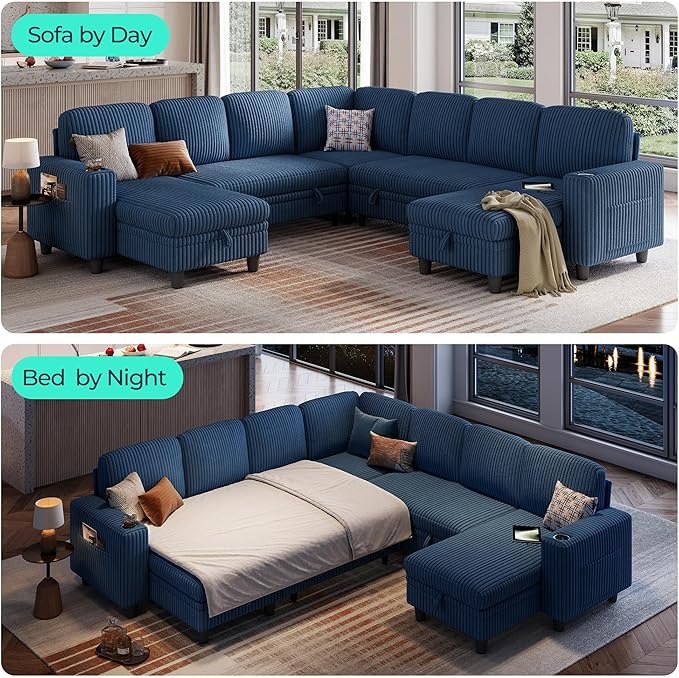 LINSY HOME Sectional Sleeper Sofa with Pull Out Couch Bed - Convertible Plush Corduroy Cloud Couch with Storage Chaise & USB Charging, Comfy Modular Couches for Living Room, Blue