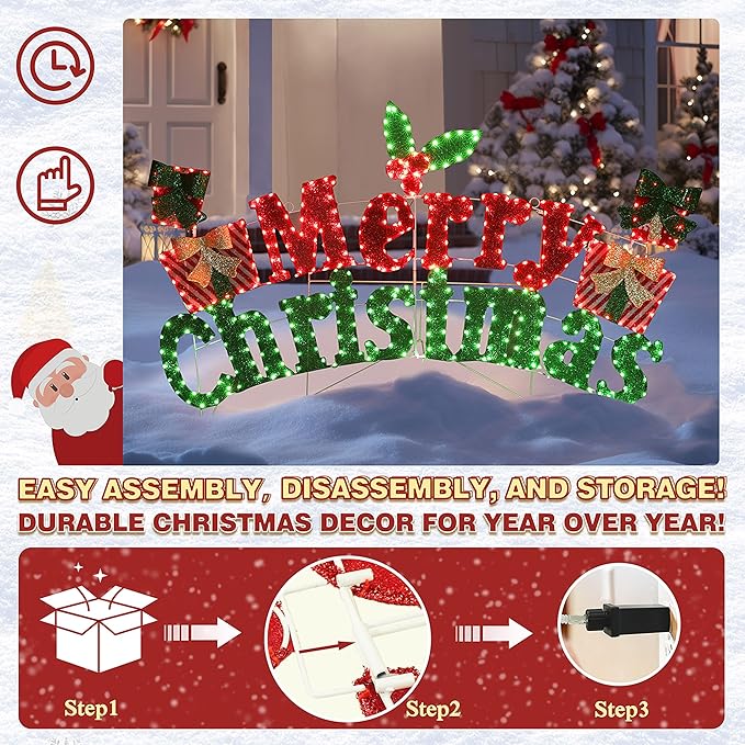 6FT Merry Christmas Sign for Decoration, 2-in-1 Pre-Lit Holiday Greeting Sign Decor with 456 LED Lights, Freestanding or Hanging Glittered Holiday Display for Outdoor, Indoor