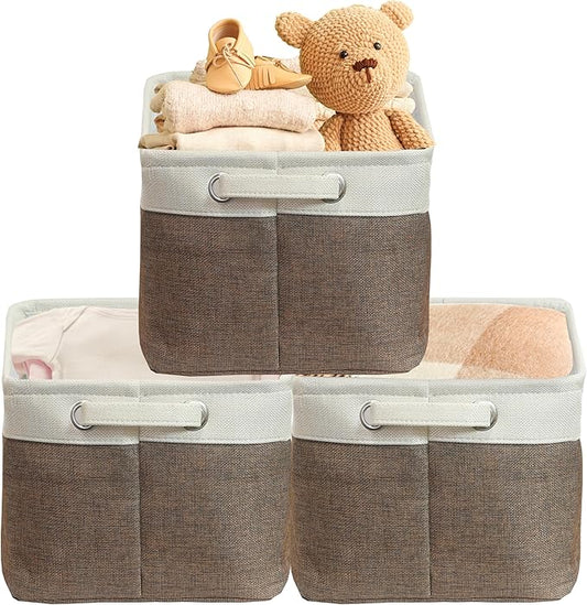 SIMPLE HOUSEWARE Large Fabric Storage Bin, 14.4" x 10" with Handles, 3-Pack, Foldable Organizer for Closet and Shelf, Brown
