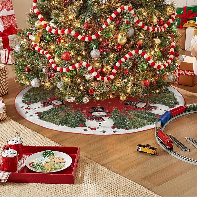 AVOIN colorlife Cardinals Cedar Snowman with Scarf Christmas Tree Skirt, Xmas Winter Holiday Party Tree Mat Indoor Outdoor Decoration 48 Inch