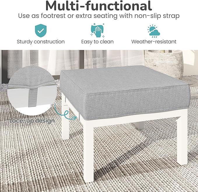 Solaste Outdoor Footstools Patio Ottoman Set of 2, Aluminum All-Weather Outdoor Footrest Seat with Removable Cushions, Patio Furniture Ottomans for Garden, Backyard, Poolside-White