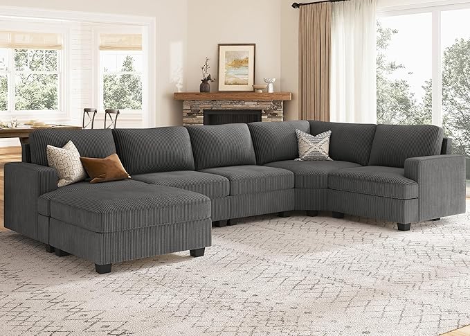 Nolany Sectional Sofa with Storage Ottoman, U Shape Couch with Chaise, Corduroy Modular Sectional Couch for Living Room, Dark Grey