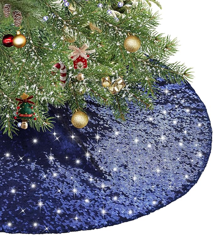 Eternal Beauty Christmas Tree Skirt, 70 Inch Navy Blue Sequin Tree Skirt Small Xmas Tree Skirt for Christmas Tree Decorations