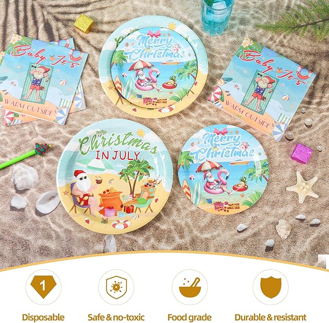 150Pcs Christmas in July Party Decorations Plates Napkins Summer Tropical Hawaiian Christmas Santa Beach Paper Plates for Christmas in July Beach Pool Party Supplies,Serves 50