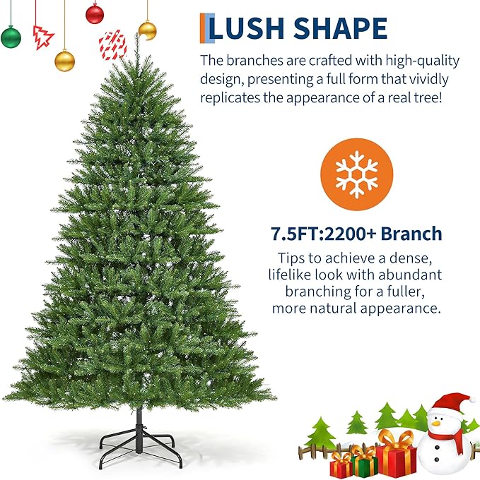 7.5FT Pre-Lit Artificial Christmas Tree with Color Lights,Green PE & PVC Artificial Xmas Tree,Easy Assembly, Full Branch Tips& Foldable Stand for Home, Office, Party Decoration for Xmas Holiday