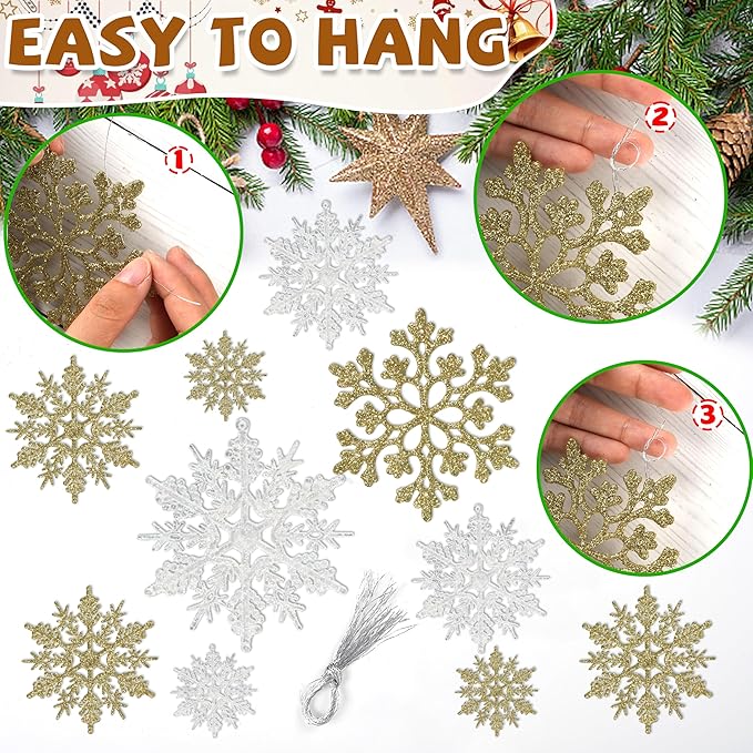 36pcs Snowflakes-Christmas Tree Decorations, Snowflake Ornaments for Tree, Plastic Glitter White Gold Snow Flakes Ornaments, Christmas Indoor Winter Wonderland Frozen Birthday Party Holiday Home Decor