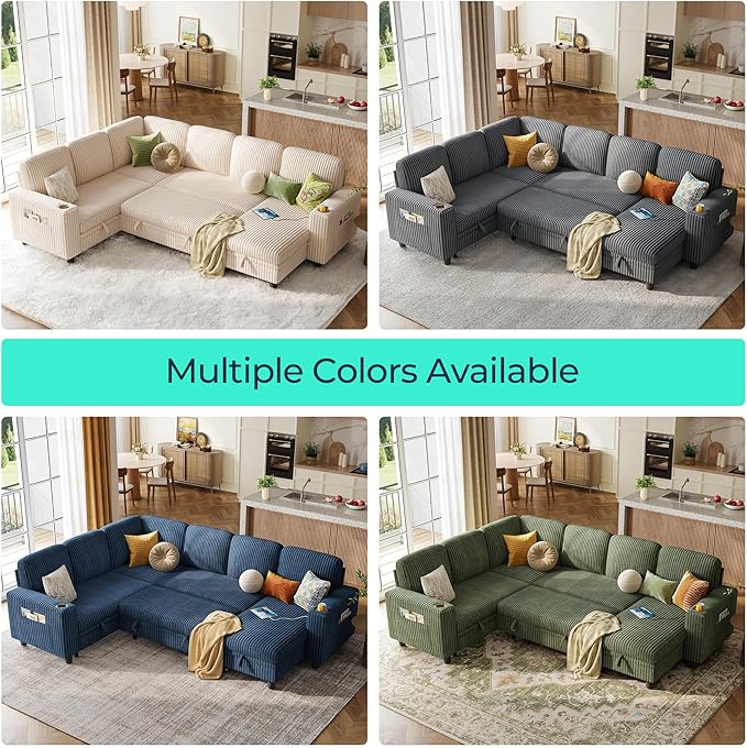 LINSY HOME Sectional Sleeper Sofa with Pull Out Couch Bed - Convertible Plush Corduroy Cloud Couch with Storage Chaise & USB Charging, Comfy Modular Couches for Living Room, Beige