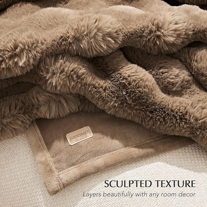EVERGRACE Ultra Soft Luxury Fluffy Ridgeline Faux Rabbit Fur Throw Blanket, Thick Warm Fuzzy Blankets for Bed, Cozy Plush Reversible Blanket for Couch, Chair, Sofa, Natural Tan, 60x80 Inches, 870 GSM