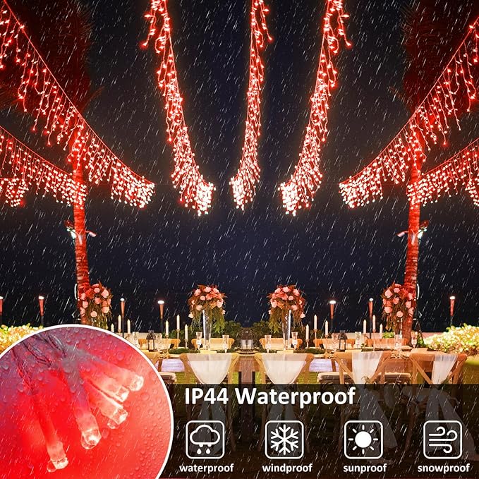 Icicle Lights for Outside, 33FT 400 LED Christmas Lights with 8 Modes 75 Drops, Waterproof Plug in Curtain String Light for Outdoor Indoor House Patio Fence Wedding Decorations, Red