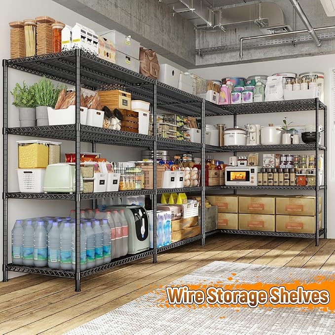 REIBII 81.5''W Storage Shelves 3680LBS Garage Shelving Heavy Duty 4 Tier Metal Shelving Unit Adjustable Wire Shelf and Storage Pantry Shelves for Kitchen Garage，81.5Wx23.62Dx70.86H，Black