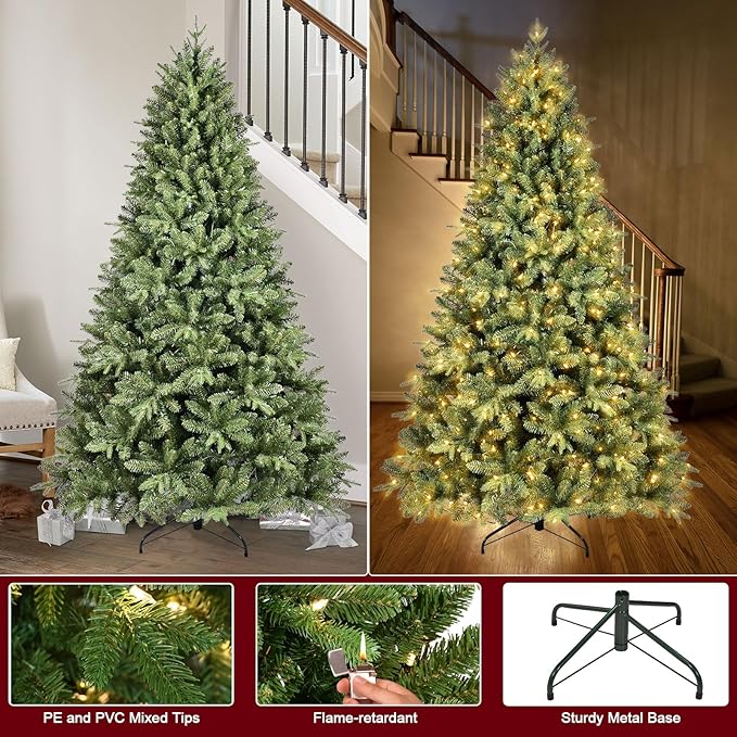 7FT Pre-Lit Artificial Christmas Tree with 2010 PE&PVC Mixed Branch Tips, 500 Warm White Lights, Hinged Premium Spruce Fake Xmas Trees, Green, Foldable Base