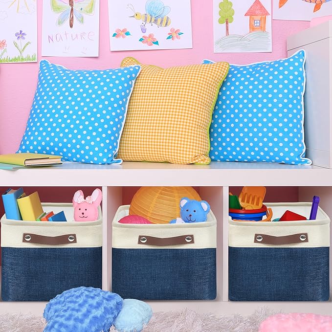 SIMPLE HOUSEWARE Large Fabric Storage Bin, 15" x 11" with Leather Like Handles, 3 Pack, Steel Blue