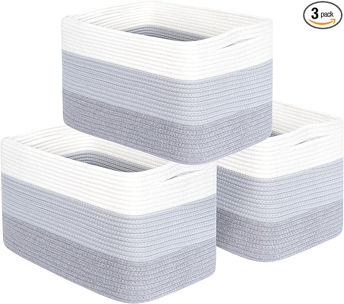MINTWOOD Design 3-Pack Storage Baskets for Shelves, Playroom and Classroom, Book Basket, Decorative Storage Cube Bins, Woven Closet Organizers, Pantry and Shoe Organizer, 3-Tone Grey