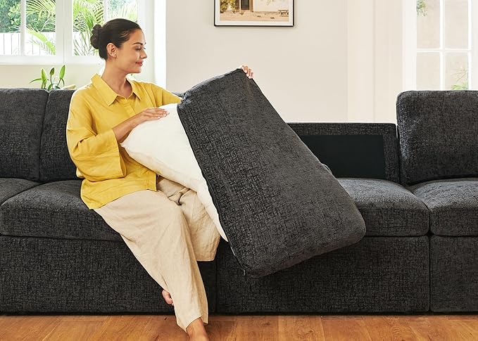 HONBAY Modular Sectional Couch with Storage Ottoman, Sectional Sofa with Storage Seats, L Shaped Sectional Couches for Living Room, Grey