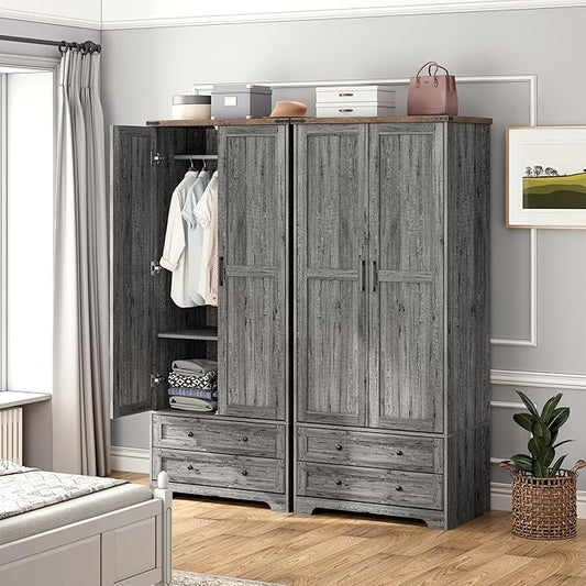 Brafab Armoire Wardrobe Closet with 2 Modern Doors, 71" Tall Freestanding Closet Wardrobe Cabinet with Drawers and Hanging Rail, Light Wooden Storage Cabinet with Shelve for Bedroom (Grey, 4 Doors)