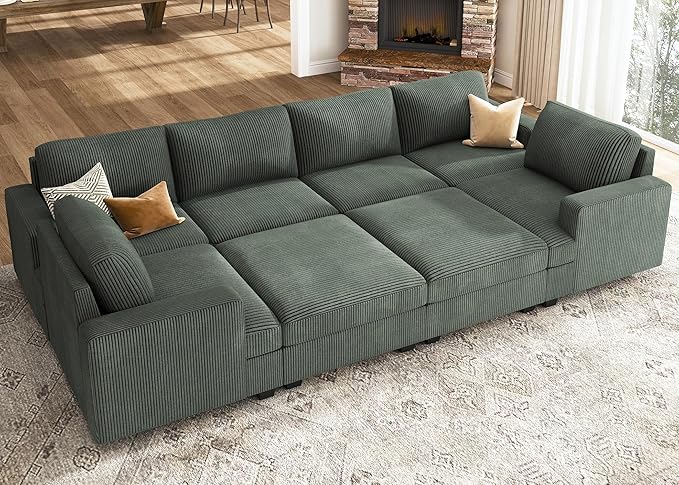 Nolany Sectional Couch with Storage Ottoman, Corduroy Sleeper Sectional Sofa with Chaise, Modular Sectional Couches for Living Room, Green