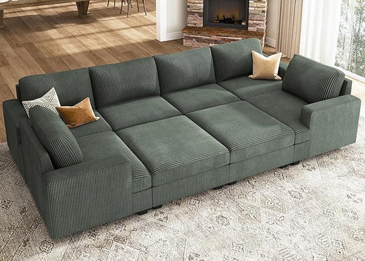 Nolany Sectional Couch with Storage Ottoman, Corduroy Sleeper Sectional Sofa with Chaise, Modular Sectional Couches for Living Room, Green