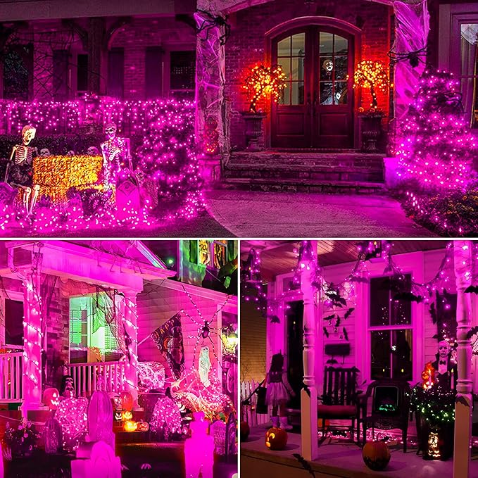 woohaha Outdoor Halloween Lights, 2PACK 13ft 50 Count Incandescent Blubs & Green Wire Mini Lights, 120V High-Voltage Connectable Light String, for Indoor Patio Garden Tree Party Decoration, Purple