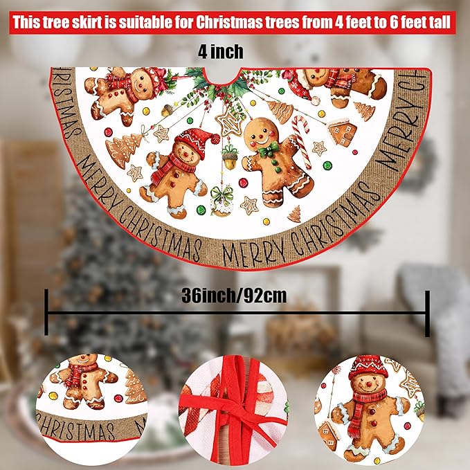 Baccessor Christmas Tree Skirt 36 Inch, Merry Christmas Cute Gingerbread Man Christmas Tree Skirt Collar for Xmas Winter Holiday Farmhouse Vintage Rustic Party Decoration