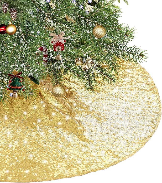 Eternal Beauty Christmas Tree Skirt, 70 Inch Gold Sequin Tree Skirt Small Xmas Tree Skirt for Christmas Tree Decorations
