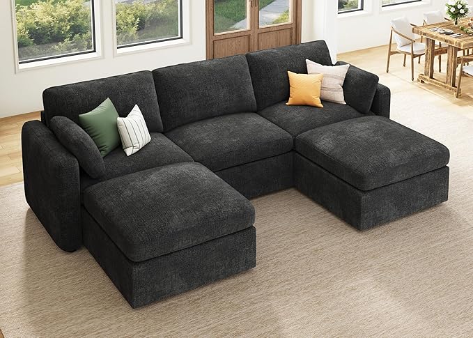 HONBAY Grey Chenille Fabric Modular Sectional Sofa with Storage, U Shaped Sectional Couch for Living Room, 111.10W x 66.20D x 35.40H inches