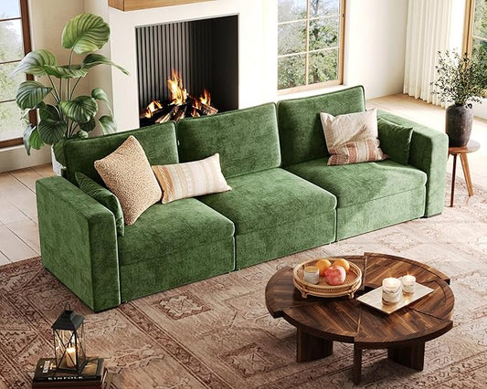 Oversized Modular Sofa Comfy Cloud Couch with Storage, Extra Deep Plush Sectional Sofa Set for Living Room, Covers Washable, Chenille, Olar (Green, 3-Seater, Basic Shape)