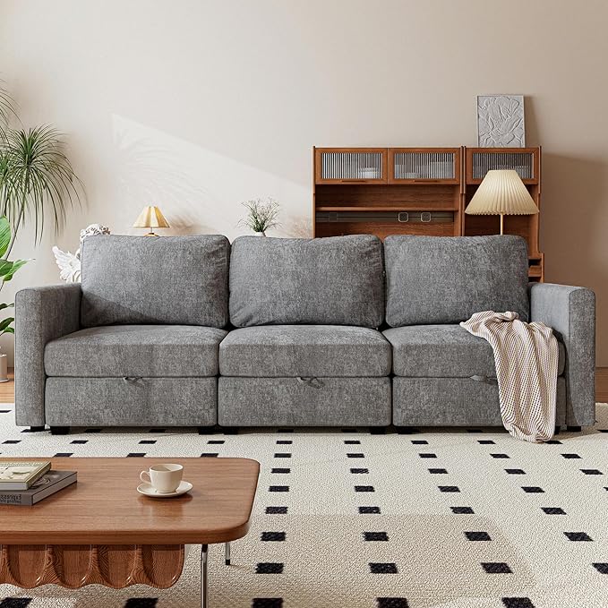 mestyl Modular Sectional Sofa Convertible Sofa Couch Set with Storage for Living Room, Modern 3 Seater Modular Sectional Couch (Grey)